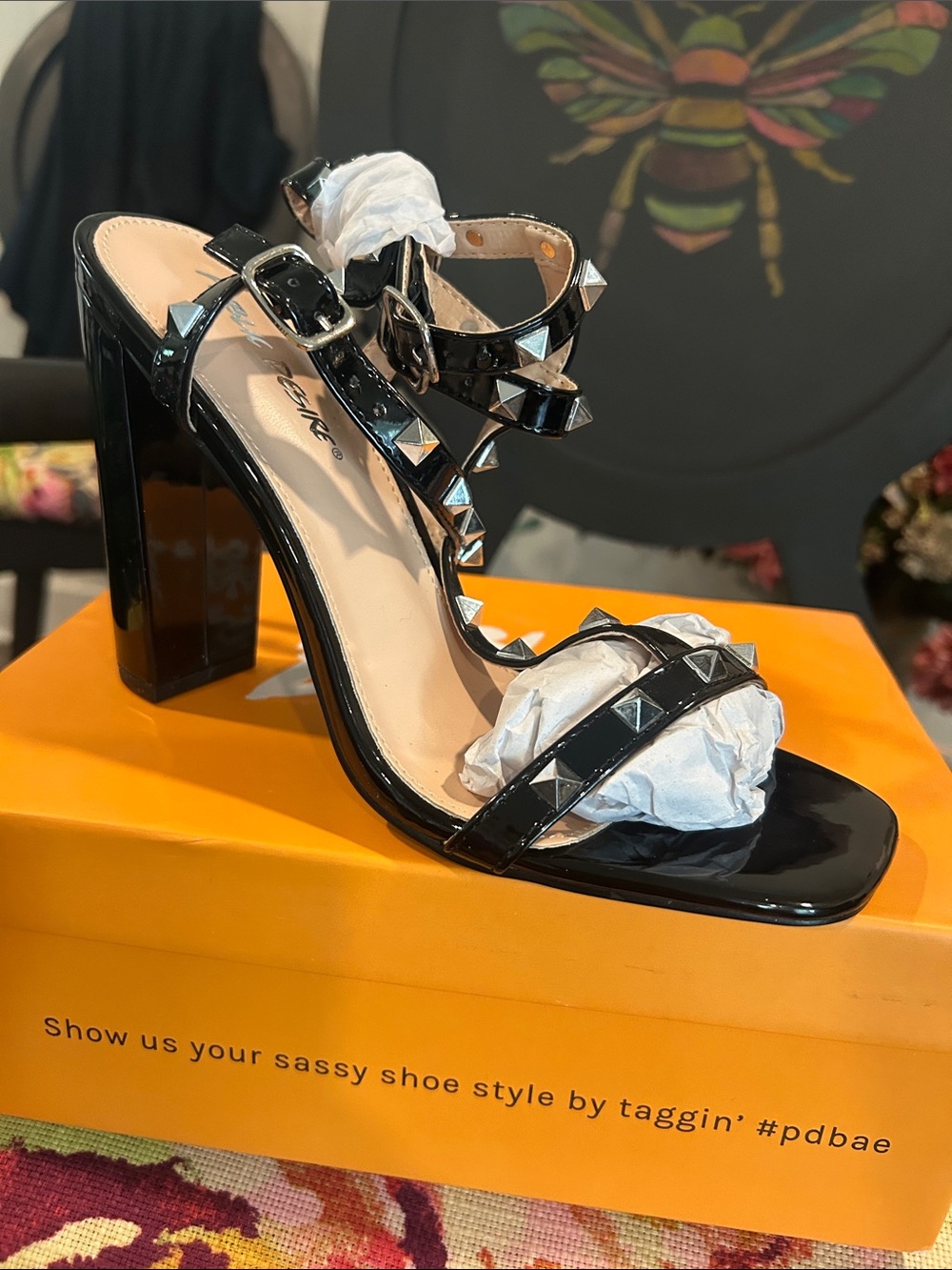 Public Desire Black Patent Studded Block Heel Sandal - Strappy Ankle Buckle